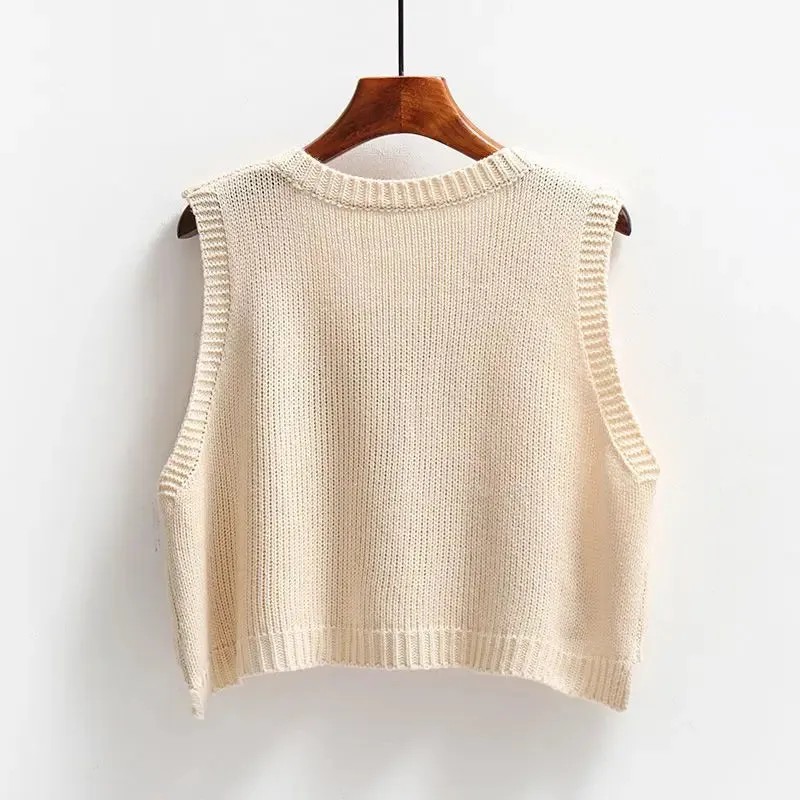 V-neck Knitted Vest Women's Retro Preppy Style Versatile Wear Solid Color Cropped Pullover Sleeveless Sweater