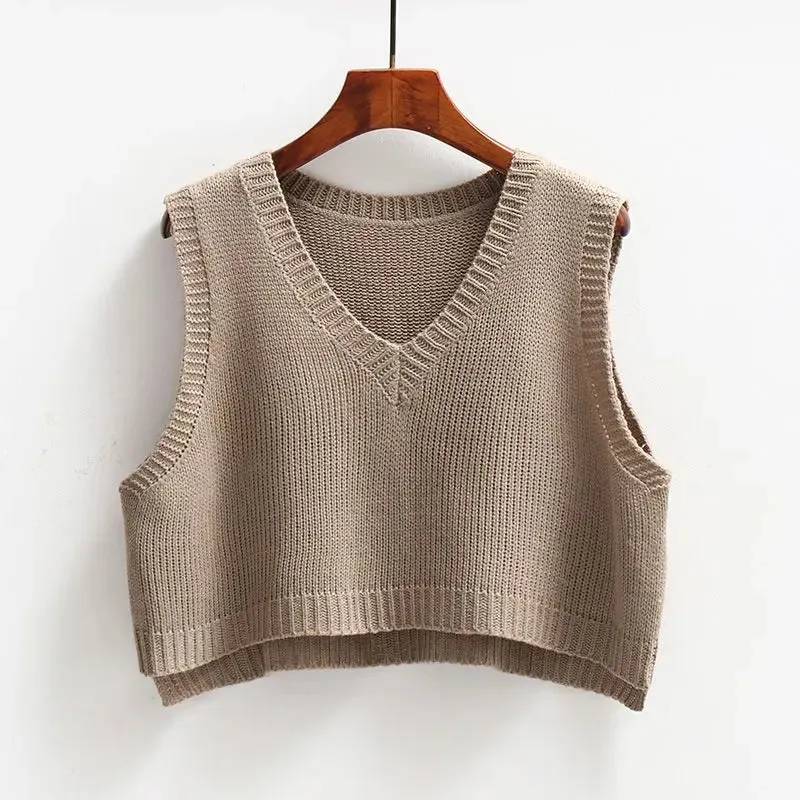 V-neck Knitted Vest Women's Retro Preppy Style Versatile Wear Solid Color Cropped Pullover Sleeveless Sweater