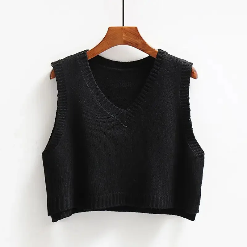 V-neck Knitted Vest Women's Retro Preppy Style Versatile Wear Solid Color Cropped Pullover Sleeveless Sweater