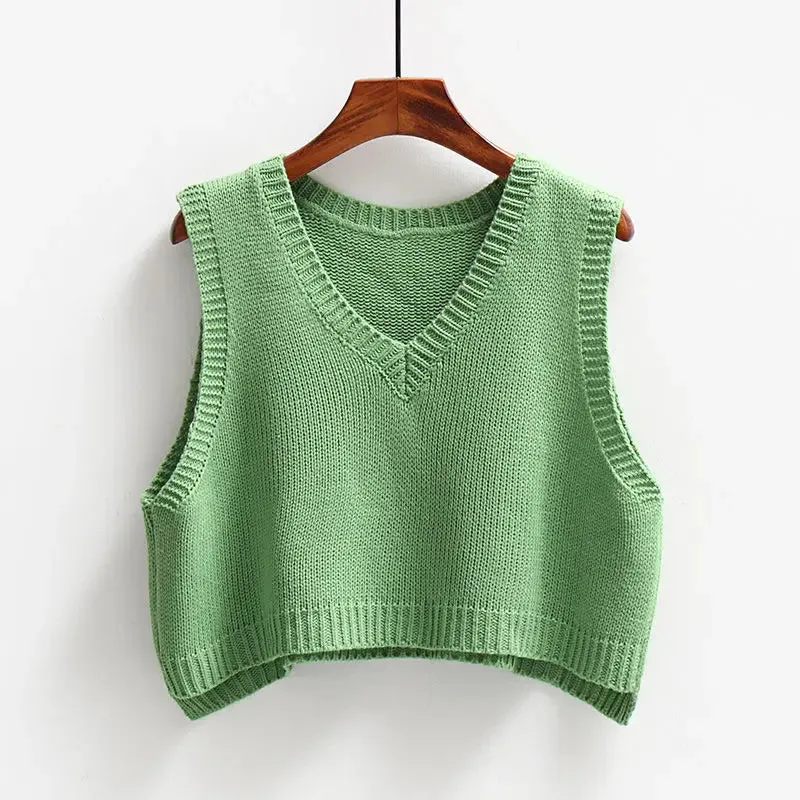 V-neck Knitted Vest Women's Retro Preppy Style Versatile Wear Solid Color Cropped Pullover Sleeveless Sweater