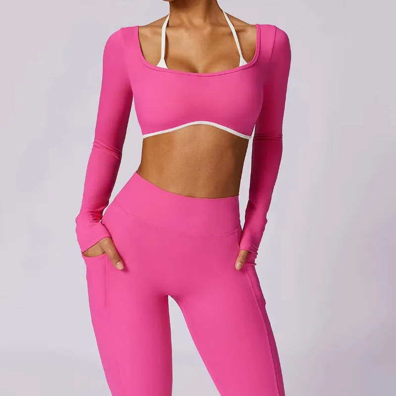 Women's Fitness Sports Crop Top Long Sleeve and High Waist Leggings Set