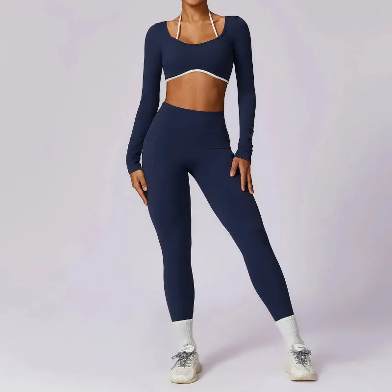 Women's Fitness Sports Crop Top Long Sleeve and High Waist Leggings Set